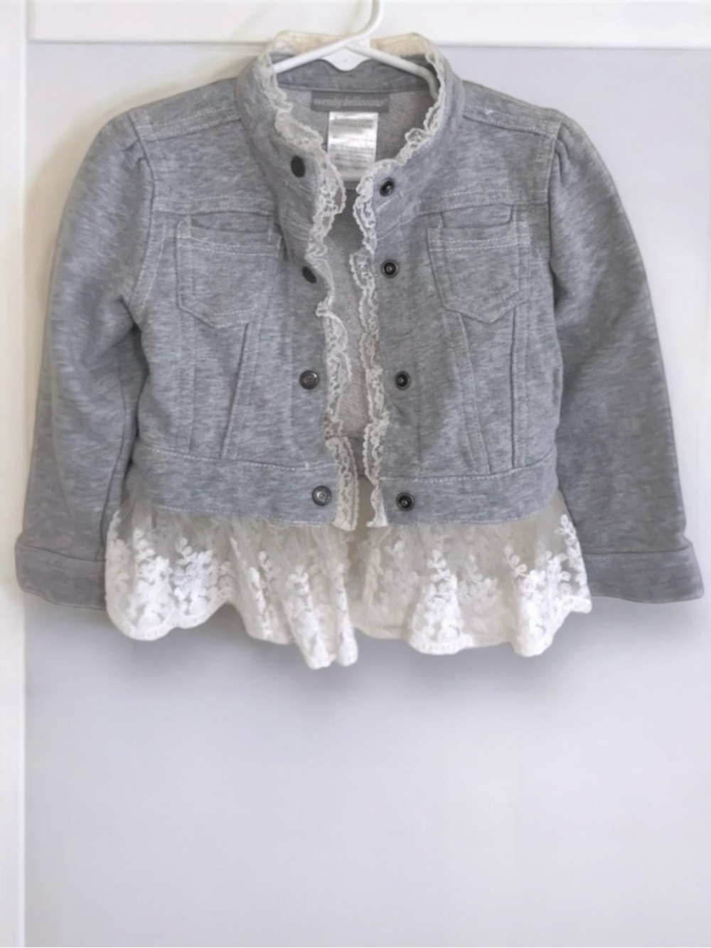 👚2/$10👗3/$12 Wendy Bellissimo Gray Cotton Lace Trim Jacket Baby Girl 18 Months
